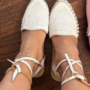 Women's White Embossed Leather Ankle-Tie Flats